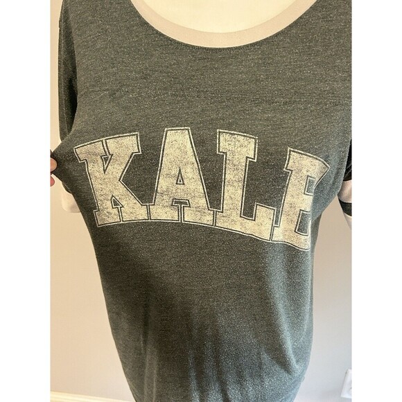 “Kale” Green Crew Neck Striped Sleeve Tee Women’s Small - Picture 2 of 4